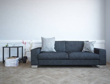 Bir İskandinav oturma odası iç kanepe ve ahşap zemin ile fikir. Ev nordic iç. 3D çizim - illüstrasyon