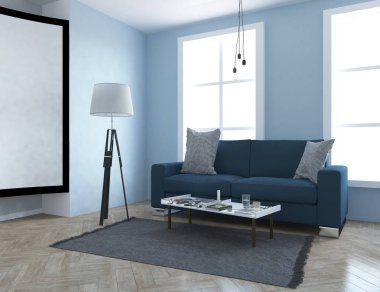 Bir İskandinav oturma odası iç kanepe ve ahşap zemin ile fikir. Ev nordic iç. 3D çizim - illüstrasyon