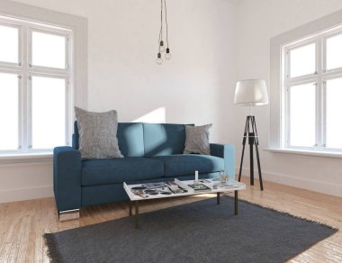 Bir İskandinav oturma odası iç kanepe ahşap zemin üzerinde ve büyük duvar dekor anlayışı. Ev nordic iç. 3D çizim - illüstrasyon