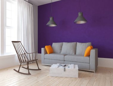 Bir İskandinav oturma odası iç kanepe ahşap zemin üzerinde ve büyük duvar dekor anlayışı. Ev nordic iç. 3D çizim - illüstrasyon