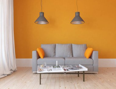 Bir İskandinav oturma odası iç kanepe ahşap zemin üzerinde ve büyük duvar dekor anlayışı. Ev nordic iç. 3D çizim - illüstrasyon