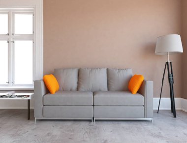 Bir İskandinav oturma odası iç kanepe ahşap zemin üzerinde ve büyük duvar dekor anlayışı. Ev nordic iç. 3D çizim - illüstrasyon