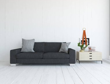 İskandinav oturma odası iç kanepe, bitki ve ahşap zemin ile fikir. Ev nordic iç. 3D çizim 