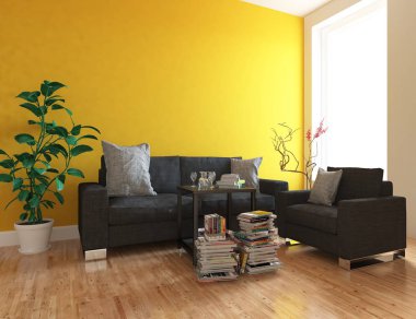 İskandinav oturma odası iç kanepe, bitki ve kitap ve ahşap zemin ile fikir. Ev nordic iç. 3D çizim 