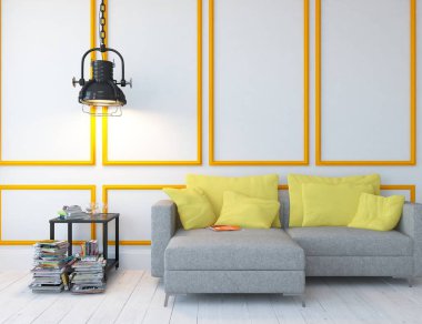 Bir İskandinav oturma odası iç kanepe ahşap zemin üzerinde ve büyük duvar dekor anlayışı. Ev nordic iç. 3D çizim - illüstrasyon