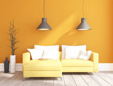 Bir İskandinav oturma odası iç kanepe ahşap zemin üzerinde ve büyük duvar dekor anlayışı. Ev nordic iç. 3D çizim - illüstrasyon