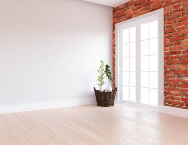 Bitkiler ve pencere ahşap zemin üzerinde boş İskandinav odası iç fikir. Ev nordic iç. 3D çizim