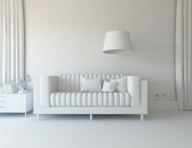 İskandinav oturma odası iç kanepe ve ahşap zemin ile fikir. Ev nordic iç. 3D çizim 