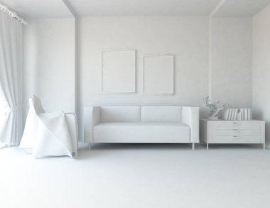 İskandinav oturma odası iç kanepe, bitki ve ahşap zemin ile fikir. Ev nordic iç. 3D çizim 