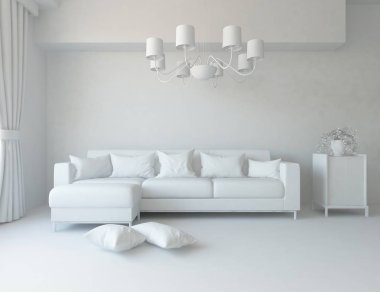 İskandinav oturma odası iç kanepe, bitki ve ahşap zemin ile fikir. Ev nordic iç. 3D çizim 