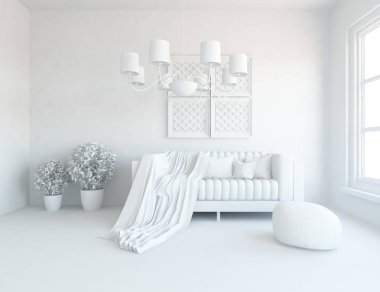 İskandinav oturma odası iç kanepe, bitki ve ahşap zemin ile fikir. Ev nordic iç. 3D çizim 