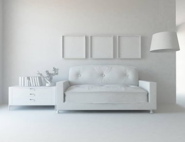 İskandinav oturma odası iç kanepe, bitki ve ahşap zemin ile fikir. Ev nordic iç. 3D çizim 