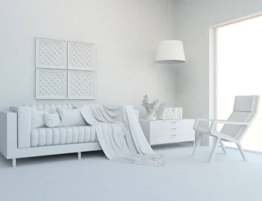 İskandinav oturma odası iç kanepe, bitki ve ahşap zemin ile fikir. Ev nordic iç. 3D çizim 