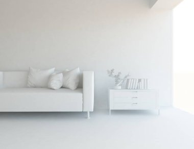 İskandinav oturma odası iç kanepe, bitki ve ahşap zemin ile fikir. Ev nordic iç. 3D çizim 