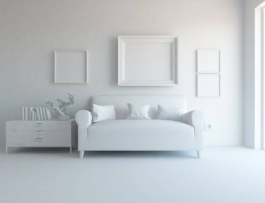 İskandinav oturma odası iç kanepe, bitki ve ahşap zemin ile fikir. Ev nordic iç. 3D çizim 