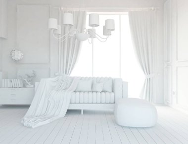 İskandinav oturma odası iç kanepe, bitki ve ahşap zemin ile fikir. Ev nordic iç. 3D çizim 