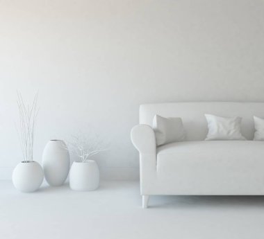 İskandinav oturma odası iç kanepe, bitki ve ahşap zemin ile fikir. Ev nordic iç. 3D çizim 