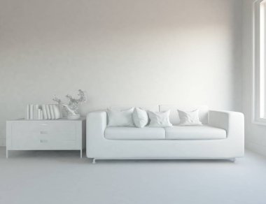 İskandinav oturma odası iç kanepe, bitki ve ahşap zemin ile fikir. Ev nordic iç. 3D çizim 