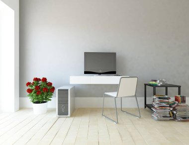 Bir beyaz İskandinav mutfak Oda iç tablo ve bilgisayar ile fikir. Ev nordic iç. 3D çizim - illüstrasyon