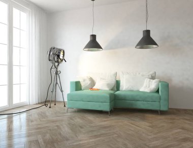 Bir İskandinav oturma odası iç kanepe ahşap zemin üzerinde ve büyük duvar dekor anlayışı. Ev nordic iç. 3D çizim - illüstrasyon