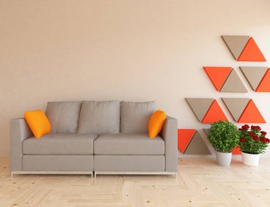 Bir İskandinav oturma odası iç kanepe, bitkiler ve ahşap zemin ile fikir. Ev nordic iç. 3D çizim 