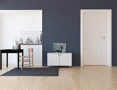 İskandinav mutfak Oda iç mobilya ve büyük duvar yemek fikri. Ev nordic iç. 3D çizim - illüstrasyon