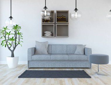 İskandinav oturma odası iç kanepe, bitki ve ahşap zemin ile fikir. Ev nordic iç. 3D çizim 