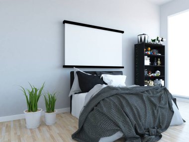 İskandinav oturma odası iç yatak ve ahşap zemin düşüncesi. Ev nordic iç. 3D çizim 