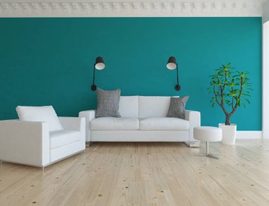 İskandinav oturma odası iç kanepe, bitki ve ahşap zemin ile fikir. Ev nordic iç. 3D çizim 