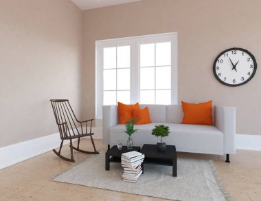 Bir İskandinav oturma odası iç kanepe, bitkiler ve ahşap zemin ile fikir. Ev nordic iç. 3D çizim 