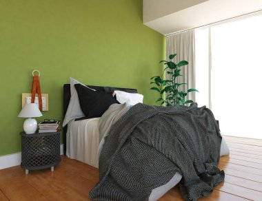 İskandinav oturma odası iç yatak ve ahşap zemin düşüncesi. Ev nordic iç. 3D çizim 