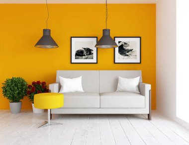 Bir İskandinav oturma odası iç kanepe, bitkiler ve ahşap zemin ile fikir. Ev nordic iç. 3D çizim 