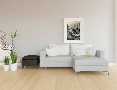 Bir İskandinav oturma odası iç kanepe, bitkiler ve ahşap zemin ile fikir. Ev nordic iç. 3D çizim 