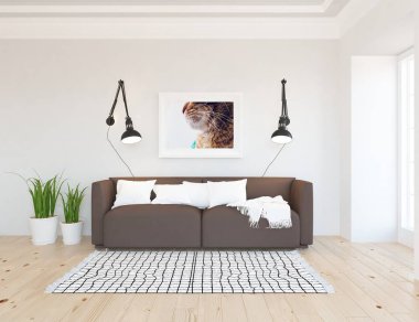 Bir İskandinav oturma odası iç kanepe, bitkiler ve ahşap zemin ile fikir. Ev nordic iç. 3D çizim 