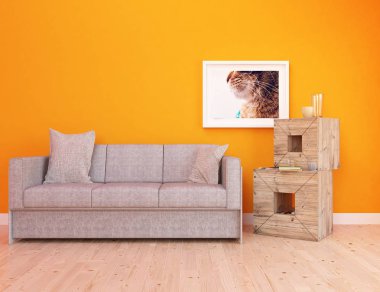 Bir İskandinav oturma odası iç kanepe, ahşap zemin ve büyük duvar dekor ile fikir. Ev nordic iç. 3D çizim - illüstrasyon