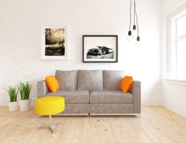 Bir İskandinav oturma odası iç kanepe, bitkiler ve ahşap zemin ile fikir. Ev nordic iç. 3D çizim 