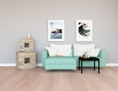 Bir İskandinav oturma odası iç kanepe, ahşap zemin ve büyük duvar dekor ile fikir. Ev nordic iç. 3D çizim - illüstrasyon