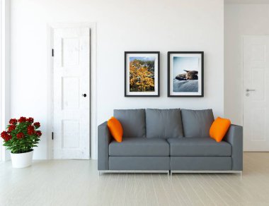 İskandinav oturma odası iç kanepe, bitki ve ahşap zemin ile fikir. Ev nordic iç. 3D çizim 