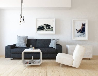 Bir İskandinav oturma odası iç kanepe, ahşap zemin ve büyük duvar dekor ile fikir. Ev nordic iç. 3D çizim - illüstrasyon