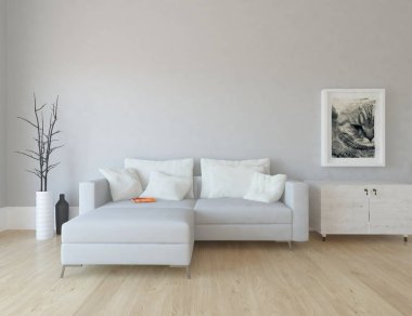 Bir İskandinav oturma odası iç kanepe, ahşap zemin ve büyük duvar dekor ile fikir. Ev nordic iç. 3D çizim - illüstrasyon