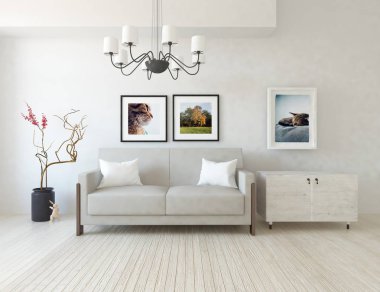 Bir İskandinav oturma odası iç kanepe, ahşap zemin ve büyük duvar dekor ile fikir. Ev nordic iç. 3D çizim - illüstrasyon