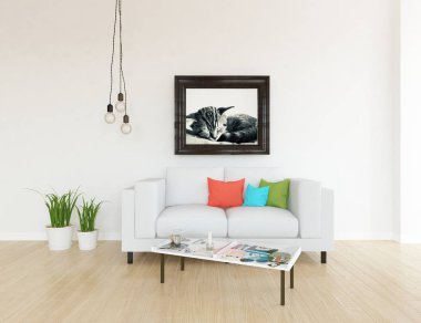 Bir İskandinav oturma odası iç kanepe, bitkiler ve ahşap zemin ile fikir. Ev nordic iç. 3D çizim 