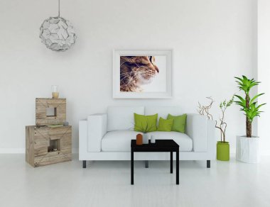 Bir İskandinav oturma odası iç kanepe, bitkiler ve ahşap zemin ile fikir. Ev nordic iç. 3D çizim 