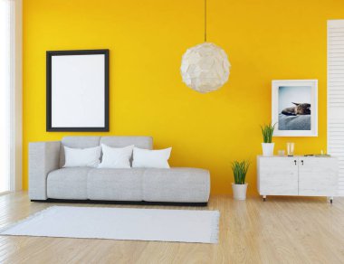 Bir İskandinav oturma odası iç kanepe, bitkiler ve ahşap zemin ile fikir. Ev nordic iç. 3D çizim 