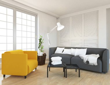 Bir İskandinav oturma odası iç kanepe, bitkiler ve ahşap zemin ile fikir. Ev nordic iç. 3D çizim 