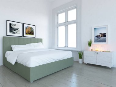 Büyük duvardaki fikir İskandinav yatak odası iç çift kişilik yatak ve resimler. Ev nordic iç. 3D çizim 