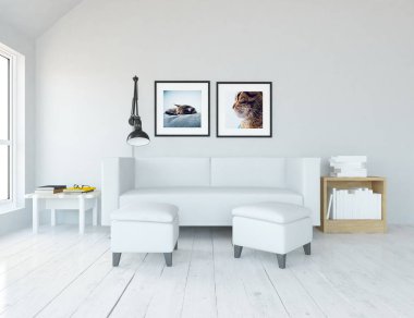 Bir İskandinav oturma odası iç kanepe, ahşap zemin ve büyük duvar dekor ile fikir. Ev nordic iç. 3D çizim - illüstrasyon