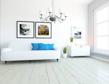 Bir İskandinav oturma odası iç kanepe, bitkiler ve ahşap zemin ile fikir. Ev nordic iç. 3D çizim 