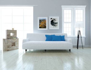 Bir İskandinav oturma odası iç kanepe, ahşap zemin ve büyük duvar dekor ile fikir. Ev nordic iç. 3D çizim - illüstrasyon