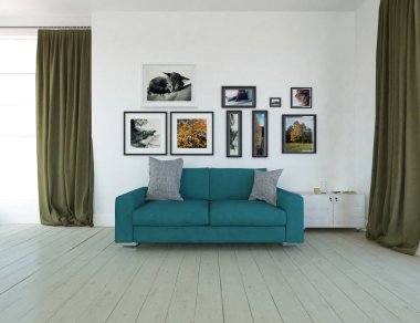 Bir İskandinav oturma odası iç kanepe, ahşap zemin ve büyük duvar dekor ile fikir. Ev nordic iç. 3D çizim - illüstrasyon